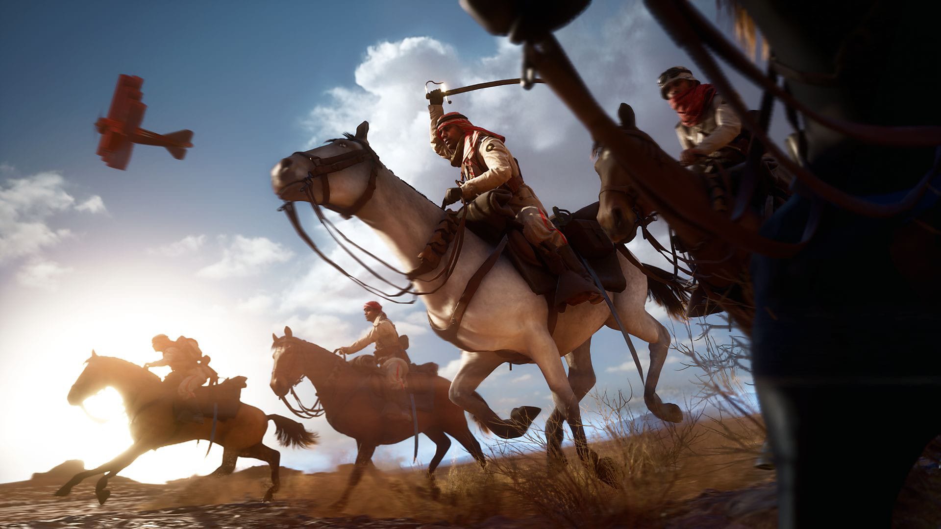 Battlefield 1 platino - escena de caballería en Arabia, zona con varios Manuales de Campo