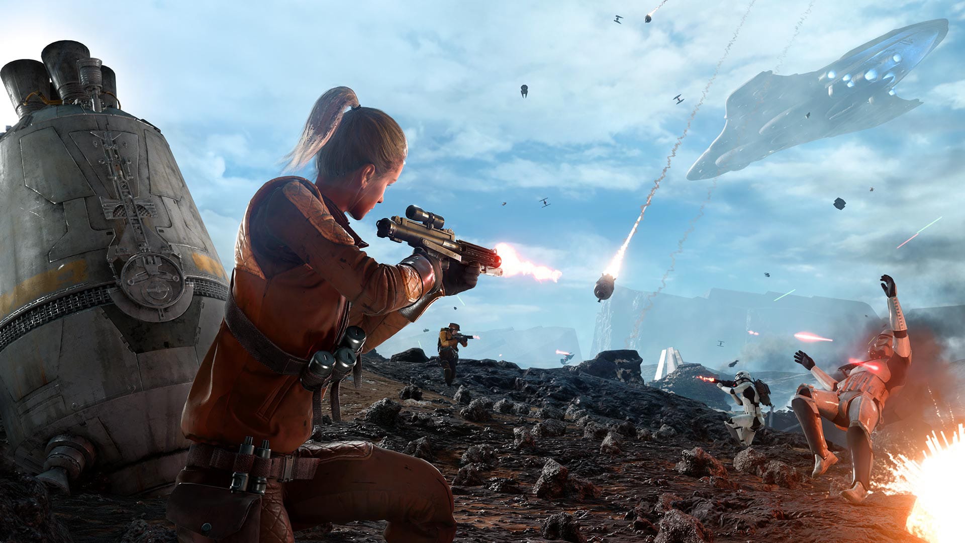 Soldado rebelde apuntando en combate exterior contra el Imperio en Star Wars Battlefront (2015)