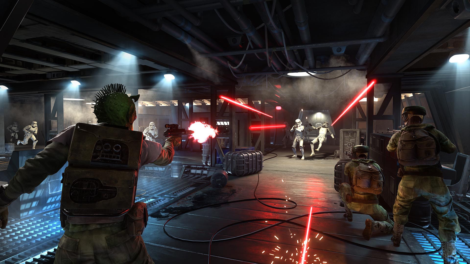 Combate en interior entre rebeldes y stormtroopers en Star Wars Battlefront (2015)
